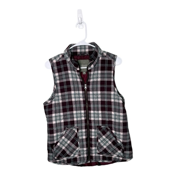 Maurices Burgundy Plaid Quilted Puffer Vest Size Medium Full Zip Pockets - Picture 2 of 6